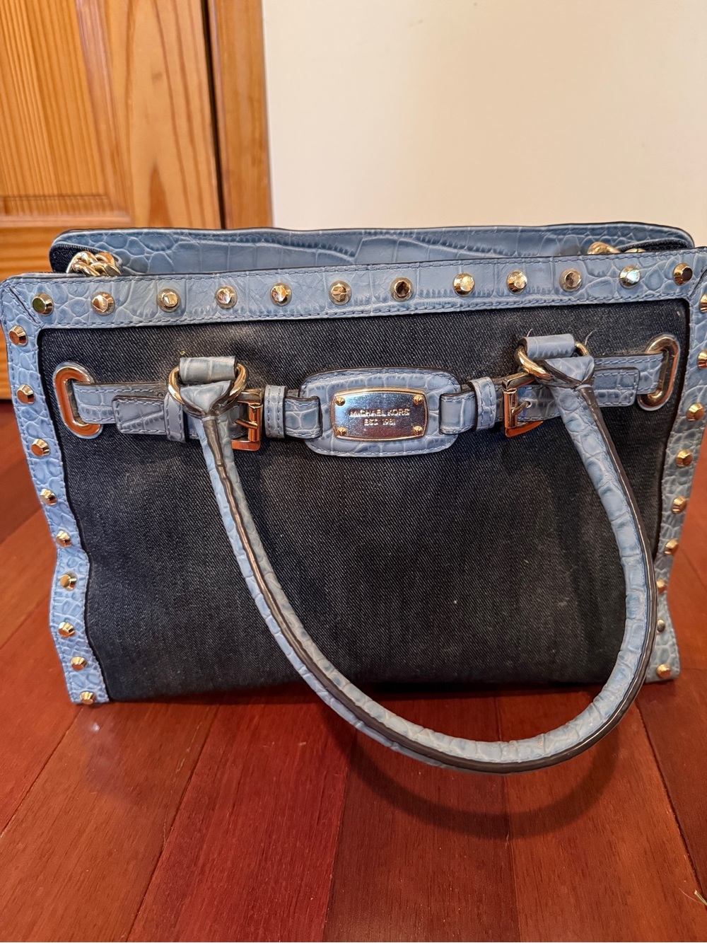 Michael Kors Denim Satchel with Blue Croc-Trim & Gold Hardware